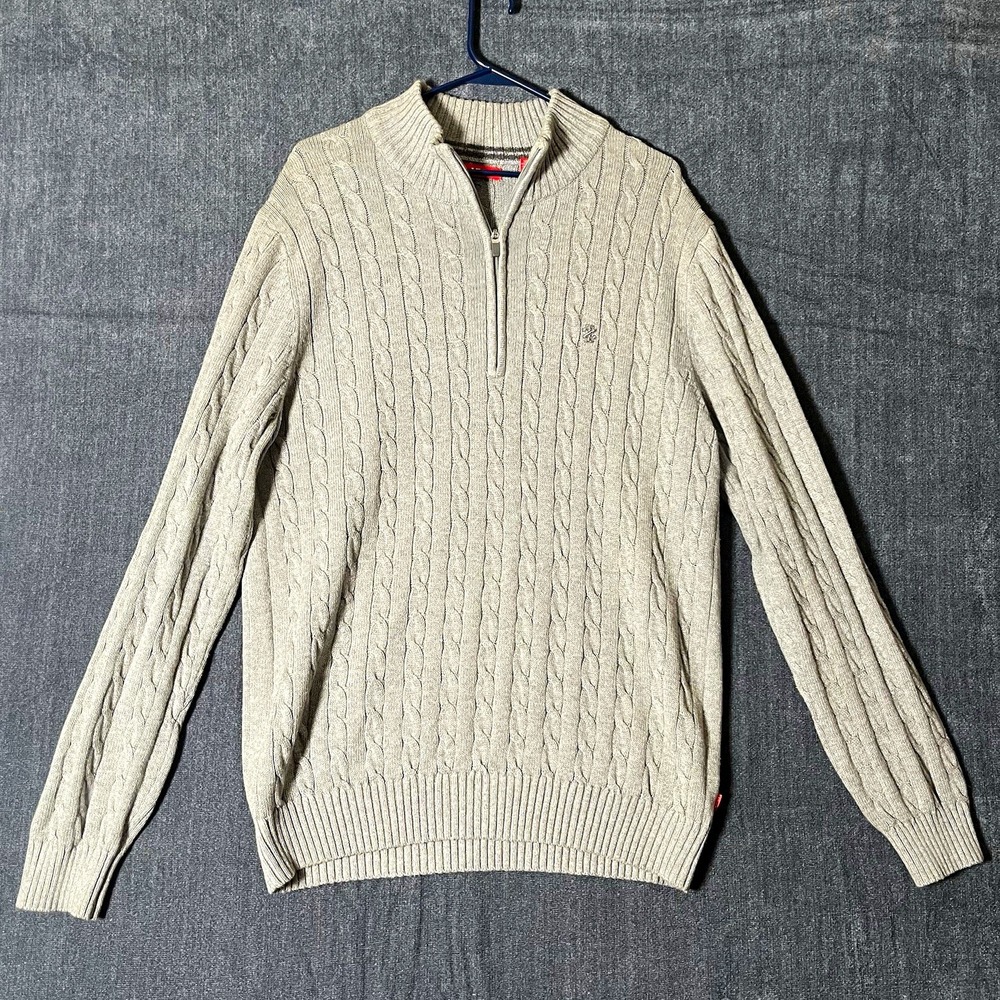 IZOD Men's L Gray Cable Knit 1/4 Zip Mock Neck Pullover Sweater